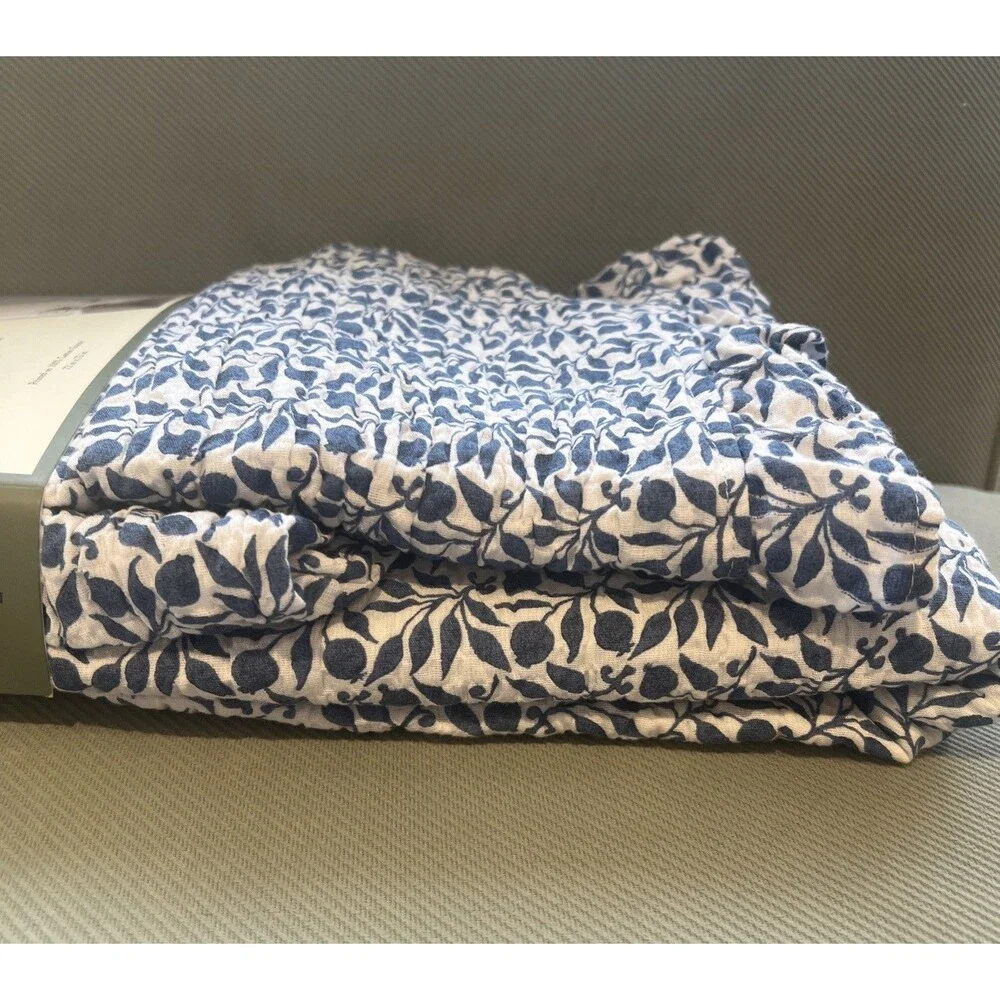 Morris & Co. Rosehip Shower Curtain Dark Blue White Cotton Gauze Ruffled Trim